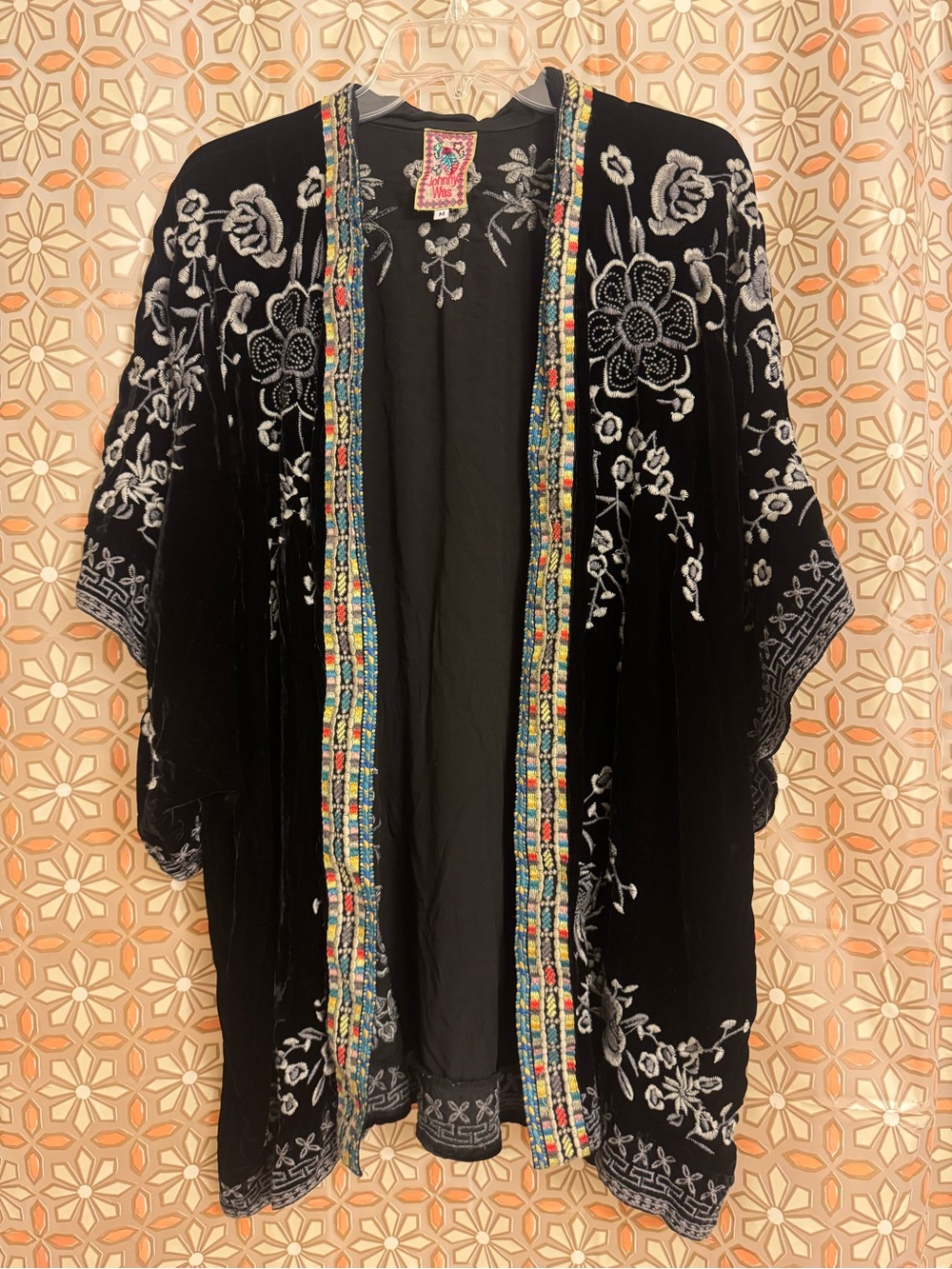 Johnny Was Black Velvet Embroidered Beaded Trim Kimono